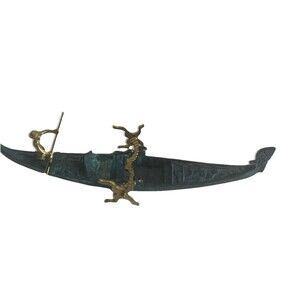 Vintage Miniature Bronze Figurine Vanetian Gondola With A Gindoliar And A Stand